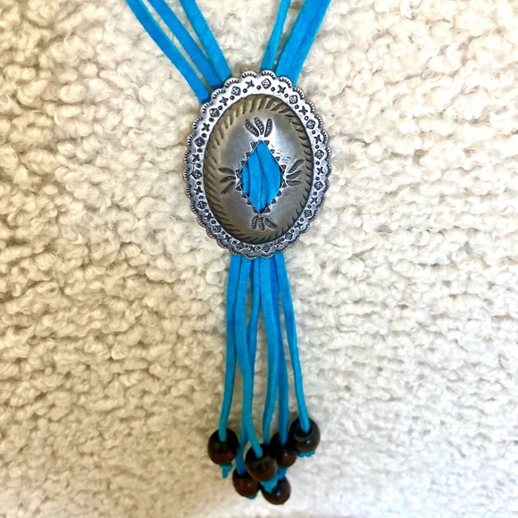 Bright turquoise blue suede cord necklace and earring set. - Picture 3 of 7